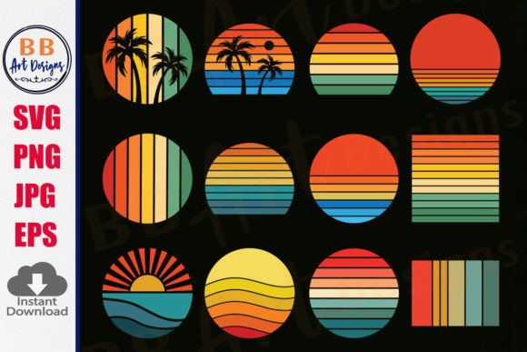 Retro Sunset Svg Bundle, Vintage Sun PNG