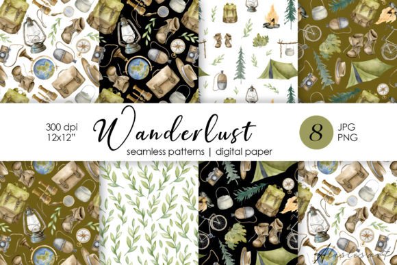 Camping Watercolor Seamless Pattern