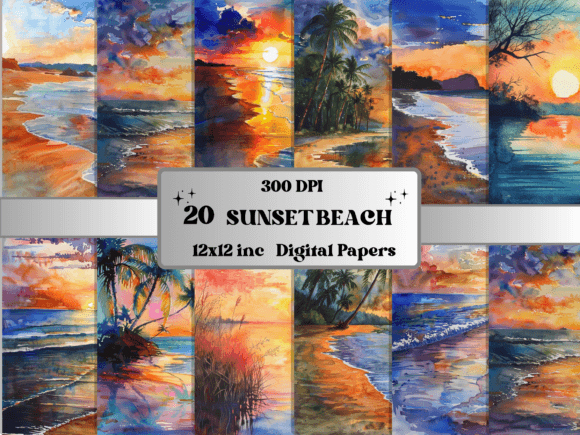 Watercolor Sunset Beach Background Paper