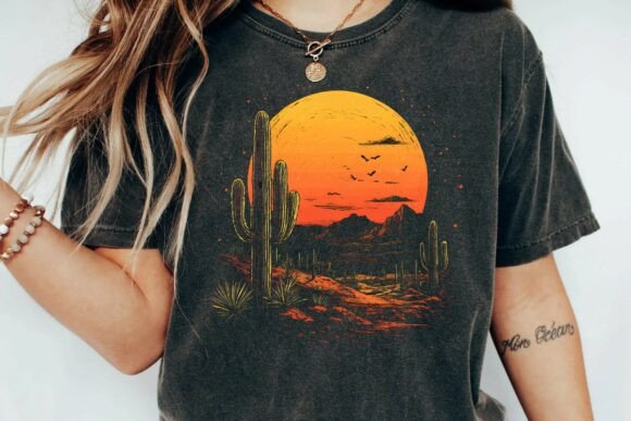 Vintage Desert Sunset Cactus Mountain Retro Graphic T-Shirt Design Png